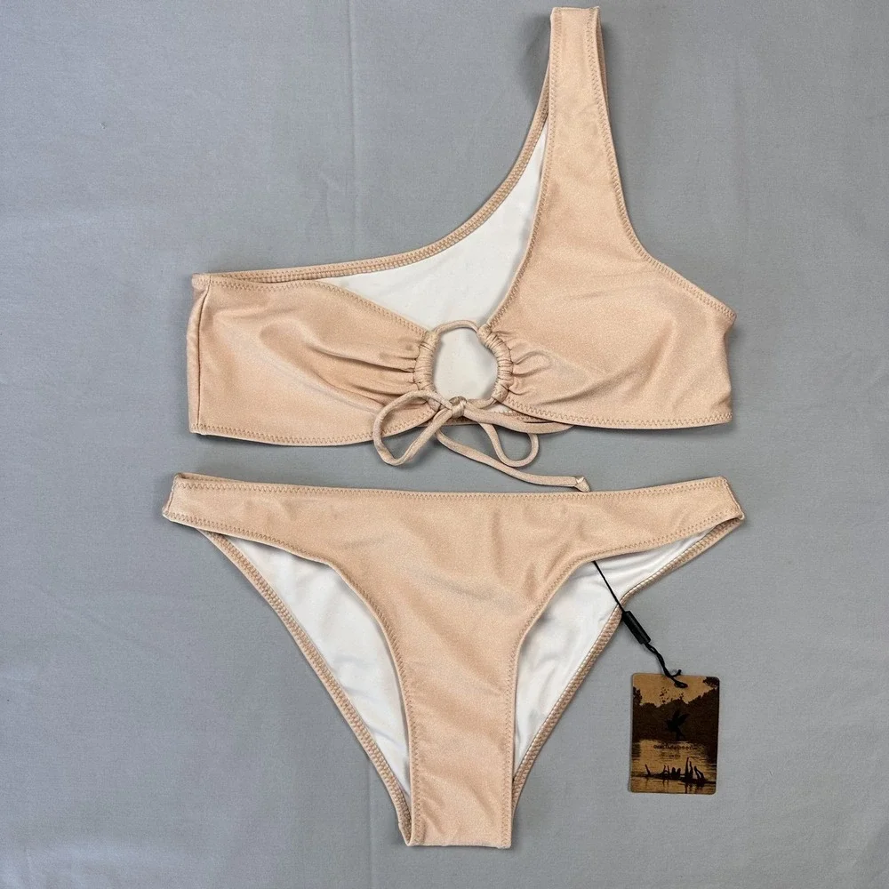 OneTeaspoon Bikini Swimsuit Womens 10 Nude One Shoulder High Waist Two Piece New
